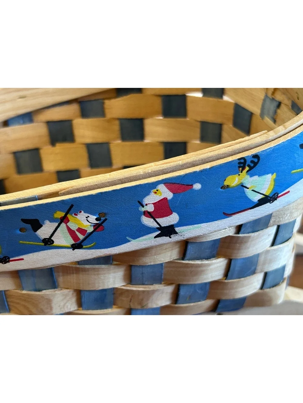 Handwoven Wooden Sled Basket with Festive Skiing Santa and Reindeer Trim